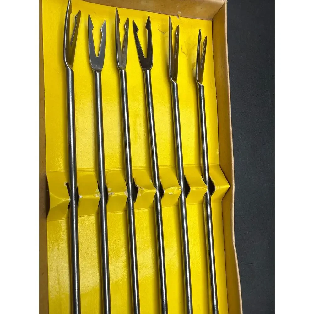 Vintage Fondue Fork Set 6 Stainless Steel Japan Wood Handles In Box mid century